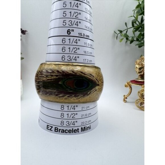 8” Hand Painted Silver on Ivory Brass Chunky Bangle Bracelet Peacock Feather - Picture 7 of 12